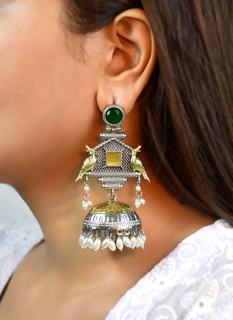 Dark Green Kundan Bead Embellished Jhumka Festive Wear