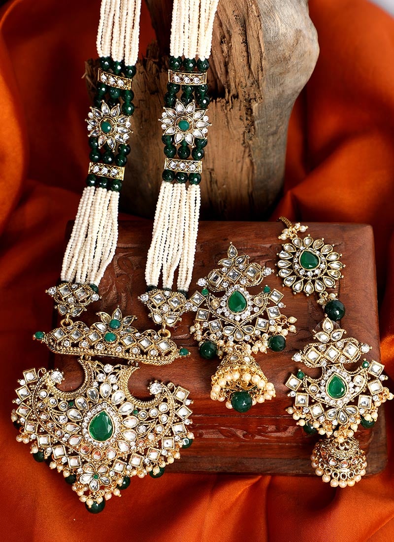 Dark Green Kundan Beaded Bridal Necklace Set