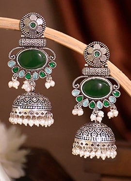 Dark Green Kundan Beads Jhumka Earrings For Women