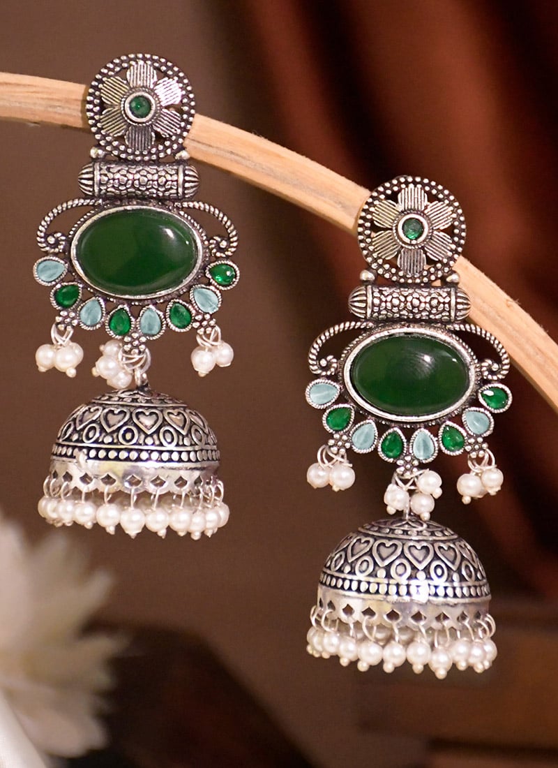 Dark Green Kundan Beads Jhumka Earrings For Women Festive Wear