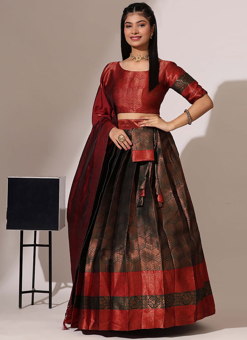 Dark Green Litchi Silk Zari A Line Lehenga Festive Wear