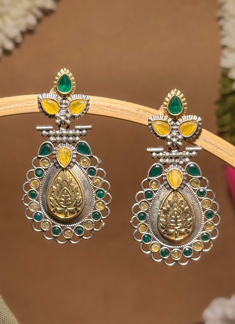 Dark Green Lotus Engraved Kundan Dangler Earrings Festive Wear
