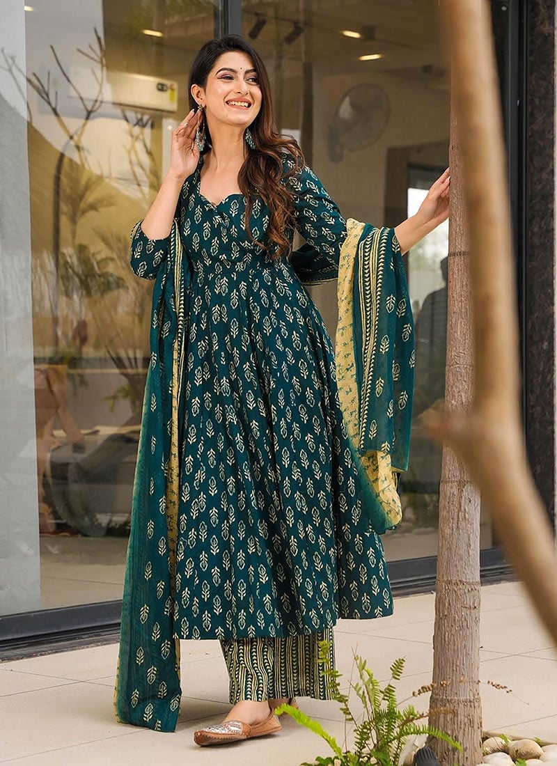 Dark Green Muslin Digital Print Anarkali Suit After Six Wear