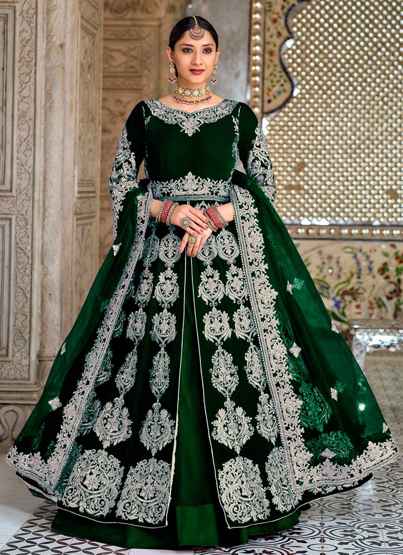 Dark Green Net Embroidered Umbrella Lehenga - GHSKA43052043D