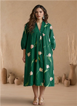 Dark Green Printed Cotton Dress