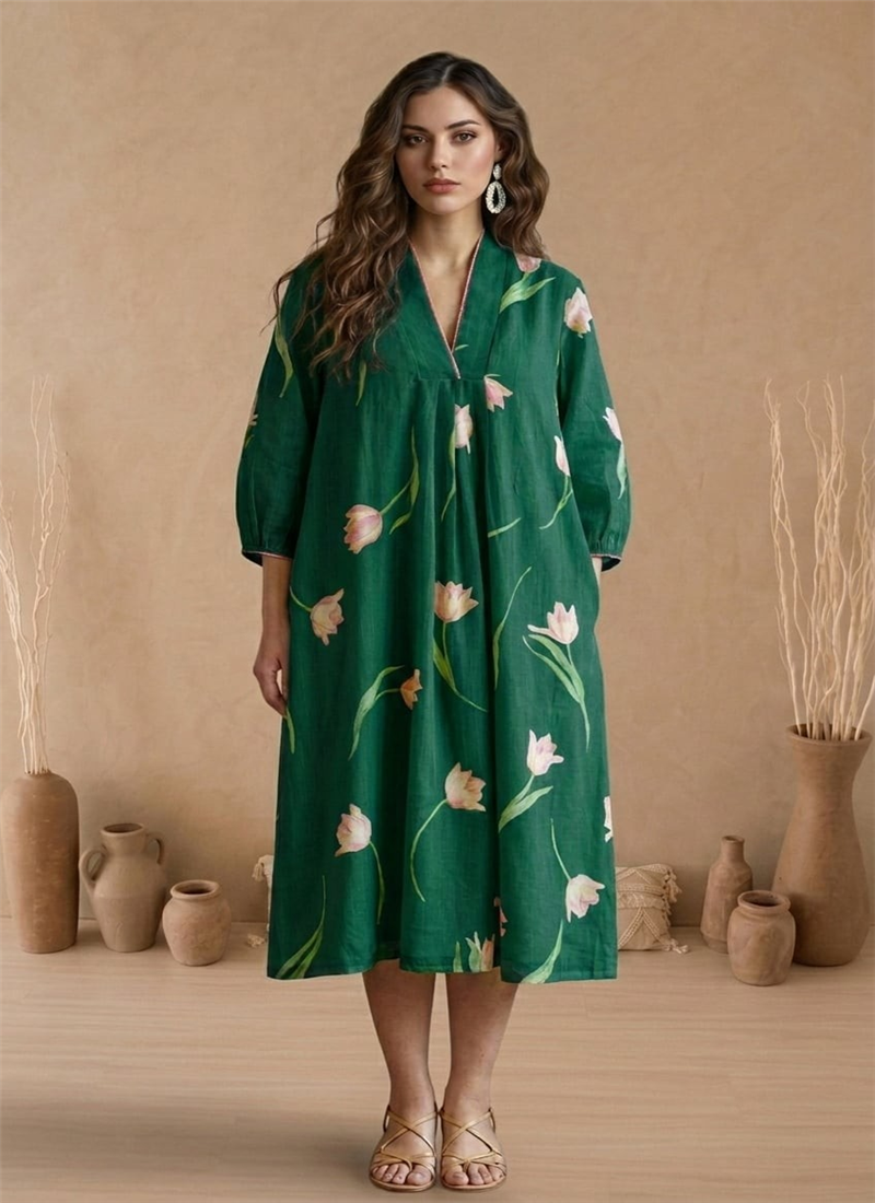 Dark Green Printed Cotton Dress After Six Wear
