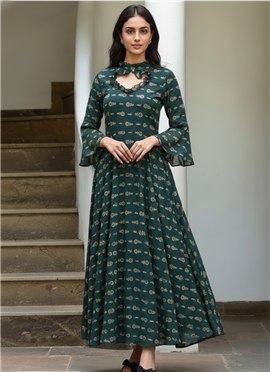 Dark Green Printed Rayon Maxi Dress With