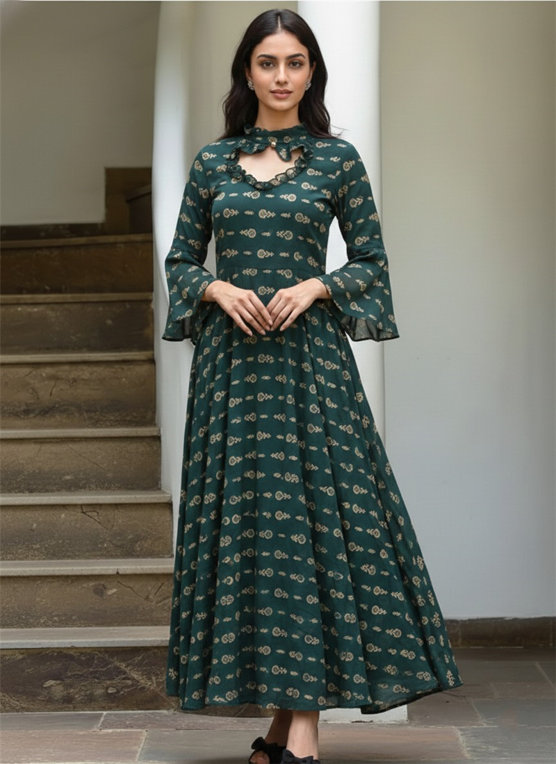 Dark Green Printed Rayon Maxi Dress With  After Six Wear