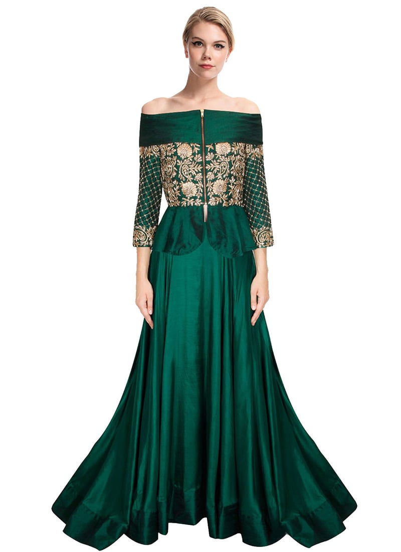 Dark Green Raw Dupion Silk Long Choli Lehenga
