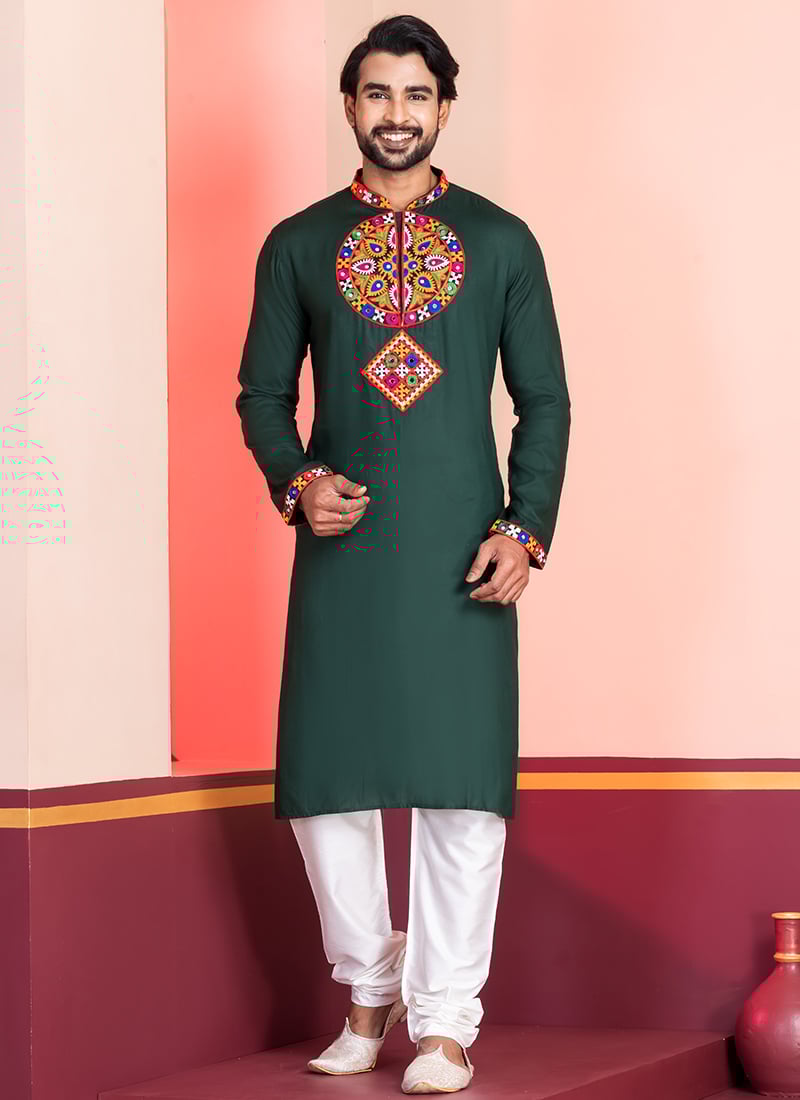 Dark Green Rayon Kutch Work Kurta Pyjama Festive Wear