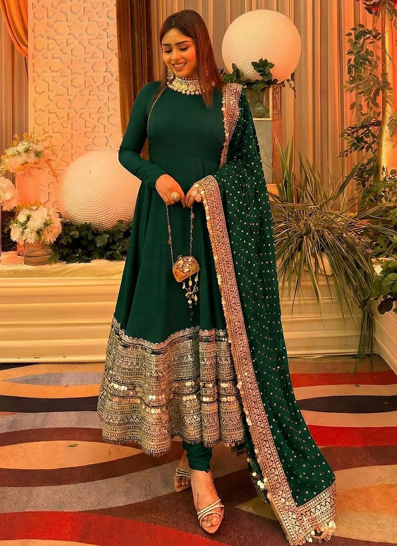 Dark Green Roman Silk Embroidered Sequins Anarkali Suit Festive Wear