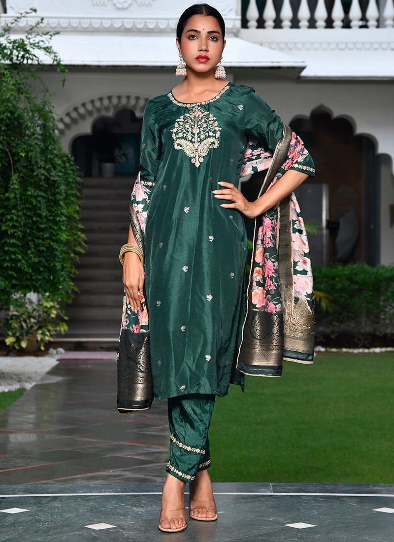 Dark Green Russian Silk Embroidered Straight Pant Suit