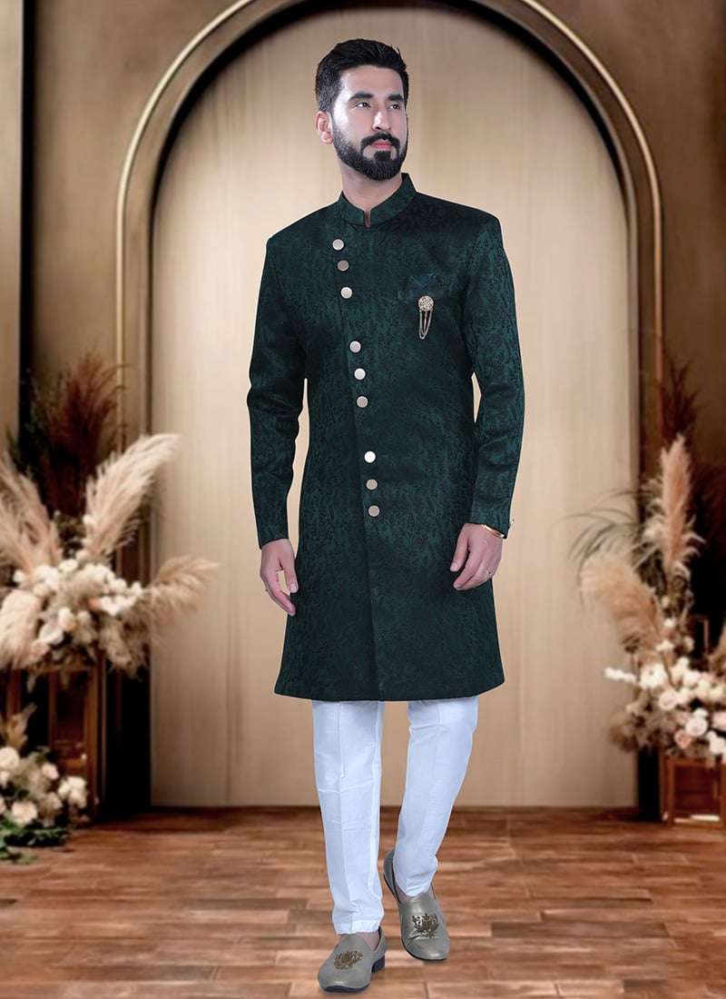 Dark Green Satin Embroidered Indowestern Sherwani  For Men Wedding Wear