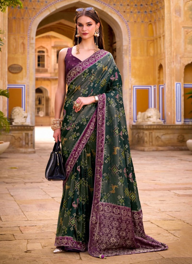 Dark Green Satin Tissue Silk Patola Banarasi Print Saree After Six Wear