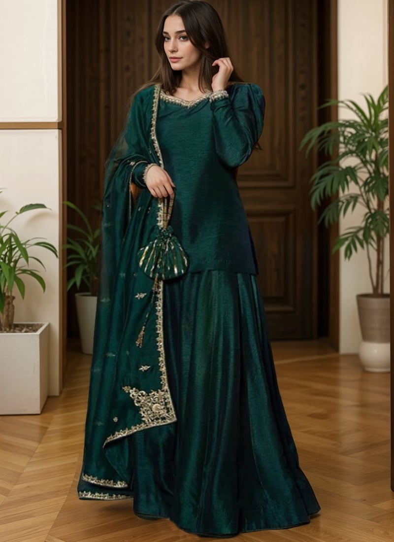 Dark Green Silk Hand Embroidered Palazzo Suit Festive Wear