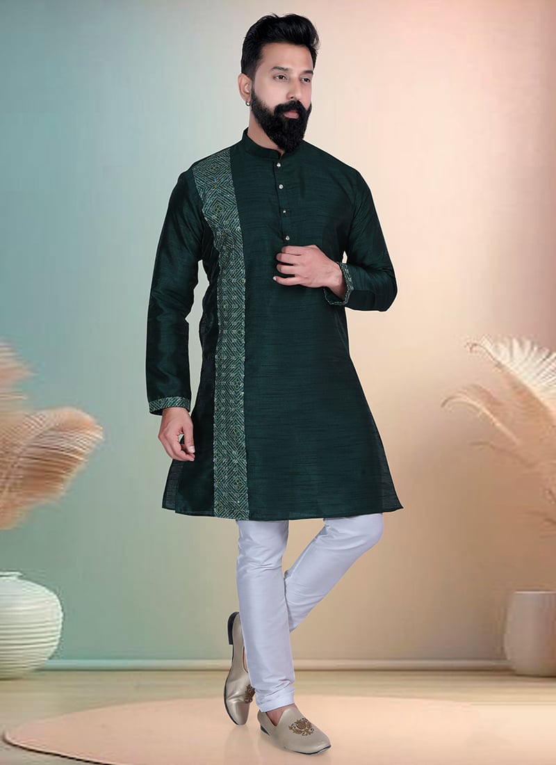 Dark Green Silk Printed Kurta Pyjama