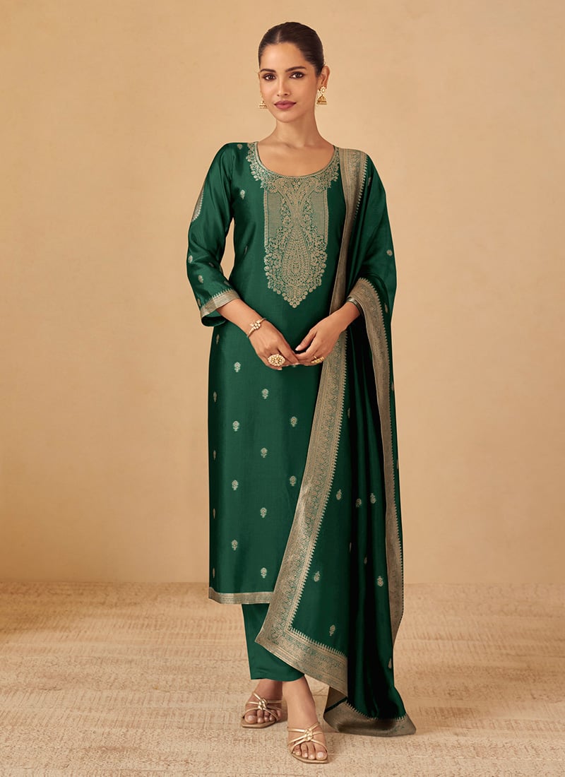 Dark Green Silk Zari Embroidered Straight Pant Suit