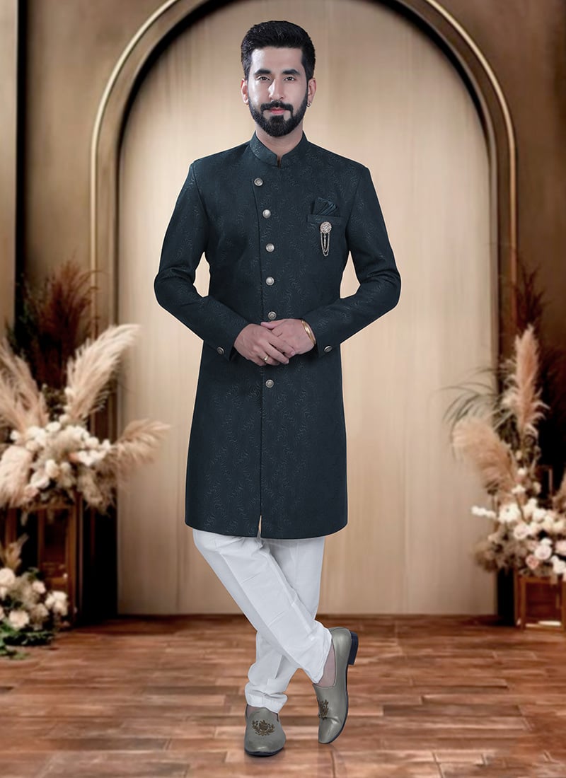Dark Green Terry Rayon Zari Indowestern Sherwani  For Men Wedding Wear