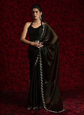 Dark Green Tissue Chiffon Hand Embroidered Zari Saree Festive Wear