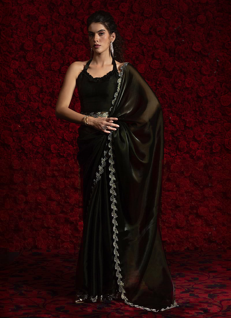 Dark Green Tissue Chiffon Hand Embroidered Zari Saree Festive Wear