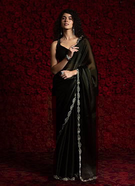 Dark Green Tissue Chiffon Hand Embroidered Zari Saree Festive Wear