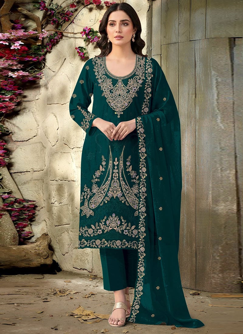 Dark Green Velvet Embroidered Pakistani Straight Pant Suit Festive Wear