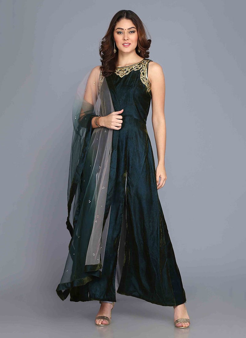 Dark Green Velvet Embroidered Straight Pant Suit Party Wear