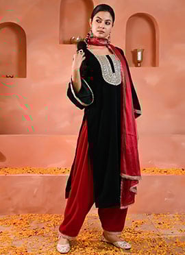 Dark Green Velvet Zari Embroidered With Patch Work Straight Pant Suit