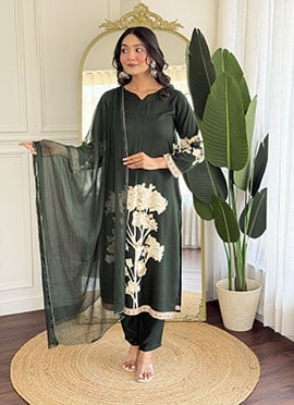 Dark Green Viscose Rayon Floral Print Straight Pant Suit
