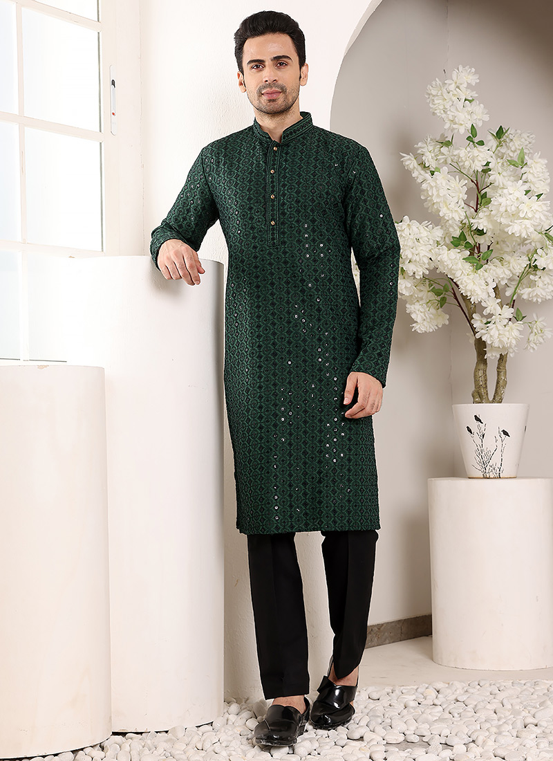 Dark Green Viscose Silk Embroidered Sequin Kurta For Men