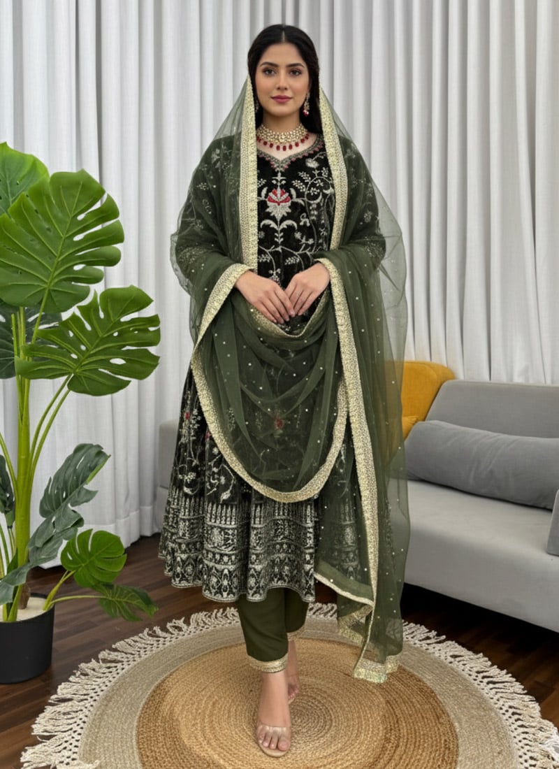 Dark Green Viscose Velvet Zari Embroidered Sequins Anarkali Suit Festive Wear