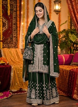 Dark Green Zari Embroidered Georgette Palazzo Suit