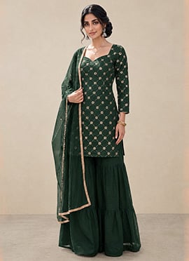 Dark Green Zari Sequins Silk Sharara Suit