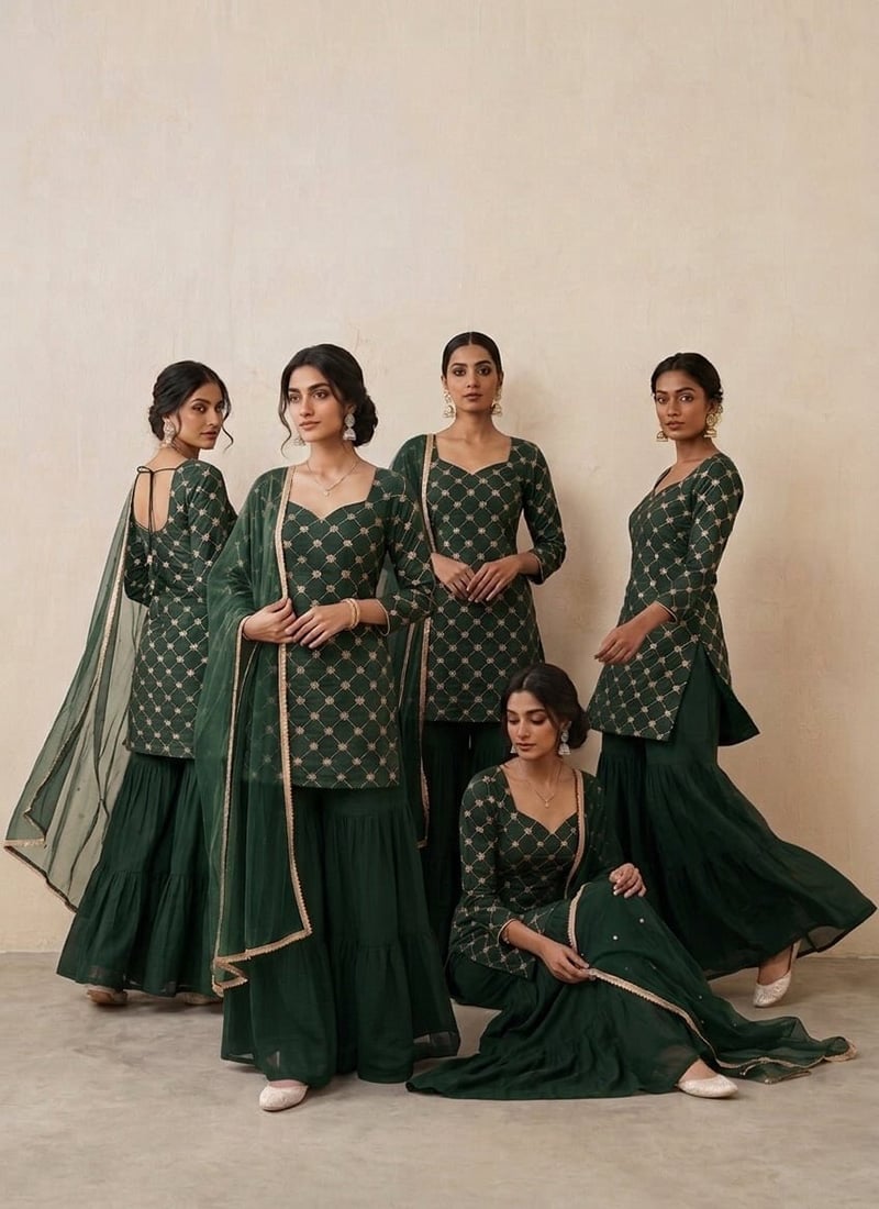 Dark Green Zari Sequins Silk Sharara Suit Festive Wear