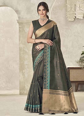 Dark Grey Art Silk Banarasi Saree