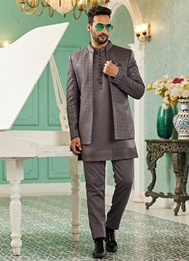Dark Grey Art Silk Embroidered Sequins Bandhgala Suits