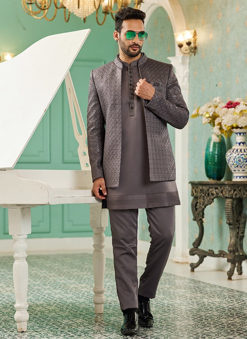 Dark Grey Art Silk Embroidered Sequins Bandhgala Suits Wedding Wear