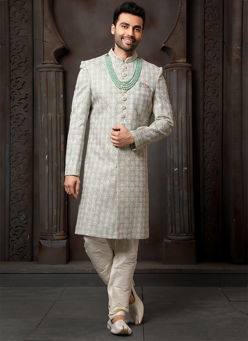 Dark Grey Art Silk Heavy Embroidered Classic Sherwani Wedding Wear