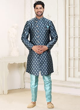 Dark Grey Art Silk Jacquard Indowestern Sherwani