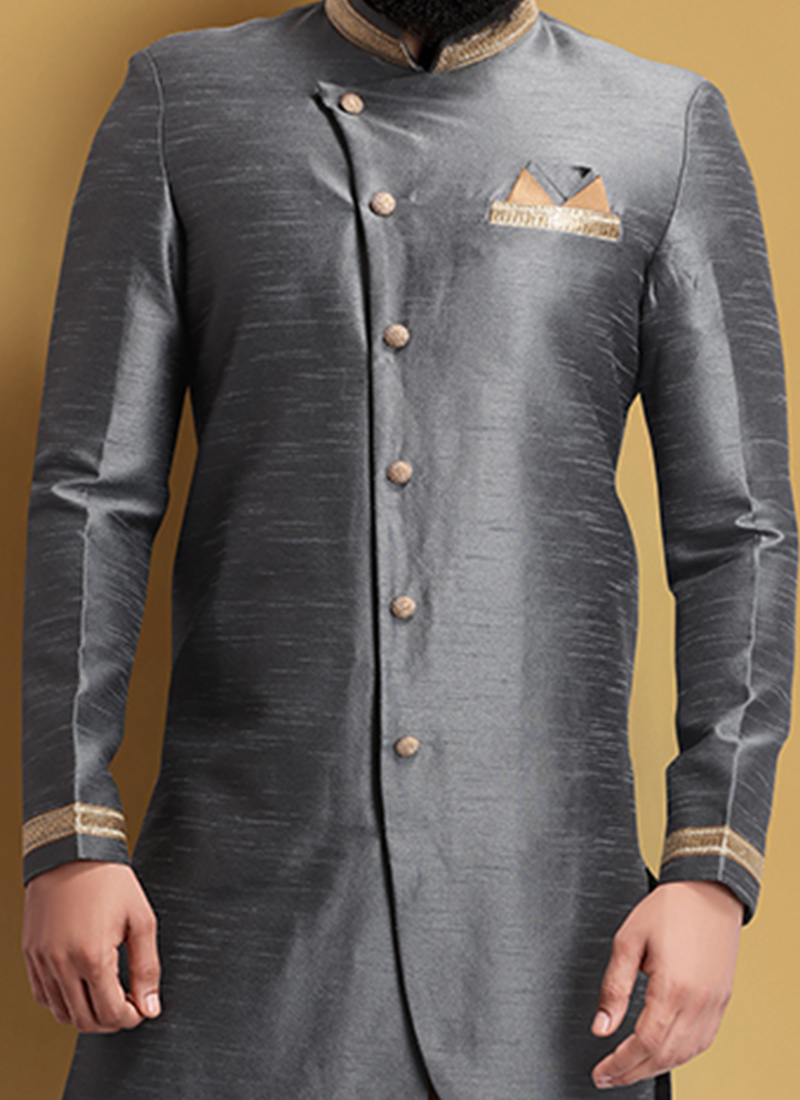 Grey & Gold Silk Sherwani main image 0