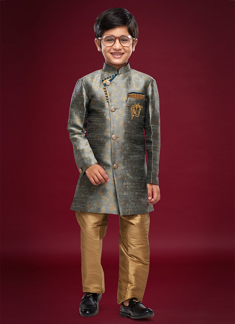 Dark Grey Banarasi Jacquard Kids Boys Indowestern Sherwani Party Wear