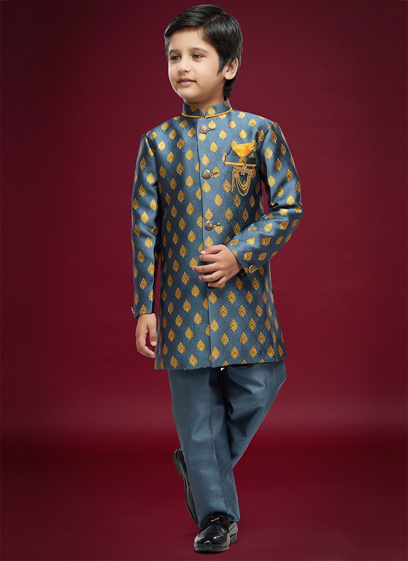 Dark Grey Banarasi Jacquard Kids Boys Indowestern Sherwani