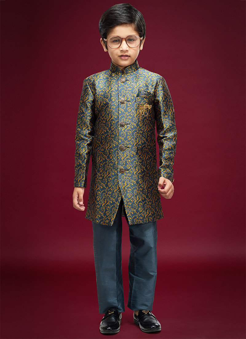 Dark Grey Banarasi Jacquard Kids Boys Indowestern Sherwani Party Wear