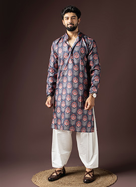 Dark Grey Blended Cotton Printed Kurta Pyjama