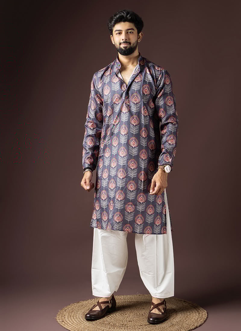 Dark Grey Blended Cotton Printed Kurta Pyjama Festive Wear