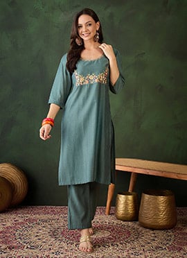 Dark Grey Cotton Floral Embroidered Kurta Straight Pant Suit