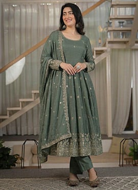 Dark Grey Embroidered Sequins Zari Crunchy Silk Anarkali Suit