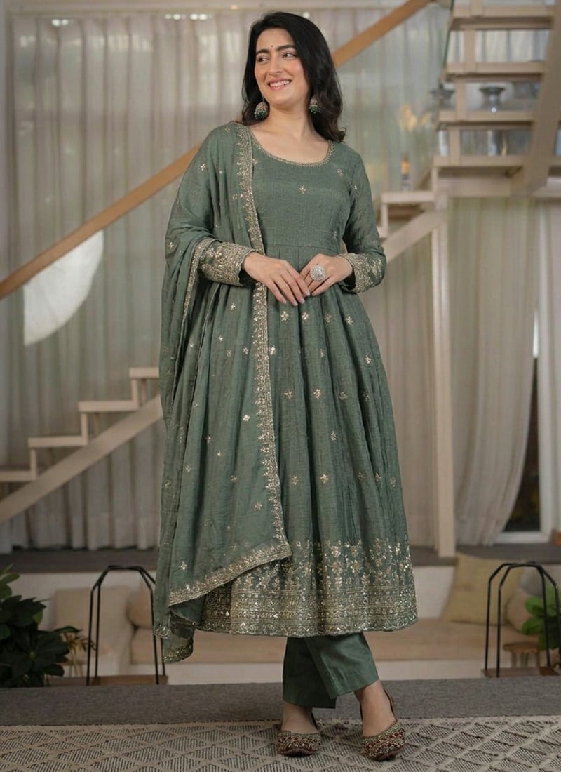 Dark Grey Embroidered Sequins Zari Crunchy Silk Anarkali Suit Festive Wear