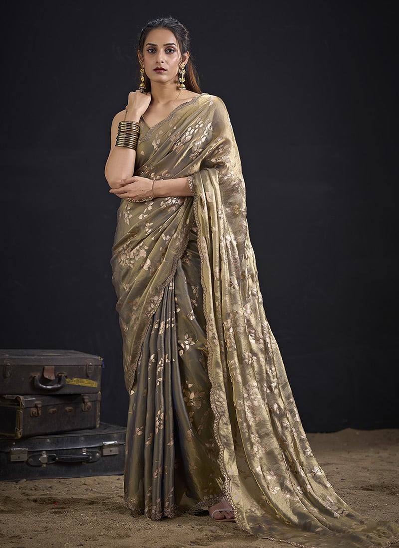 Dark Grey Fendy Silk Foil Print Zarkan Stone Work Saree Festive Wear