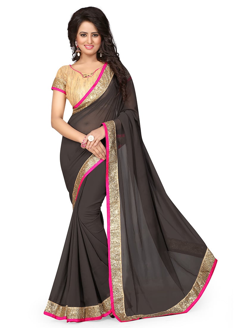 Dark Grey Georgette Border Saree After Six Wear